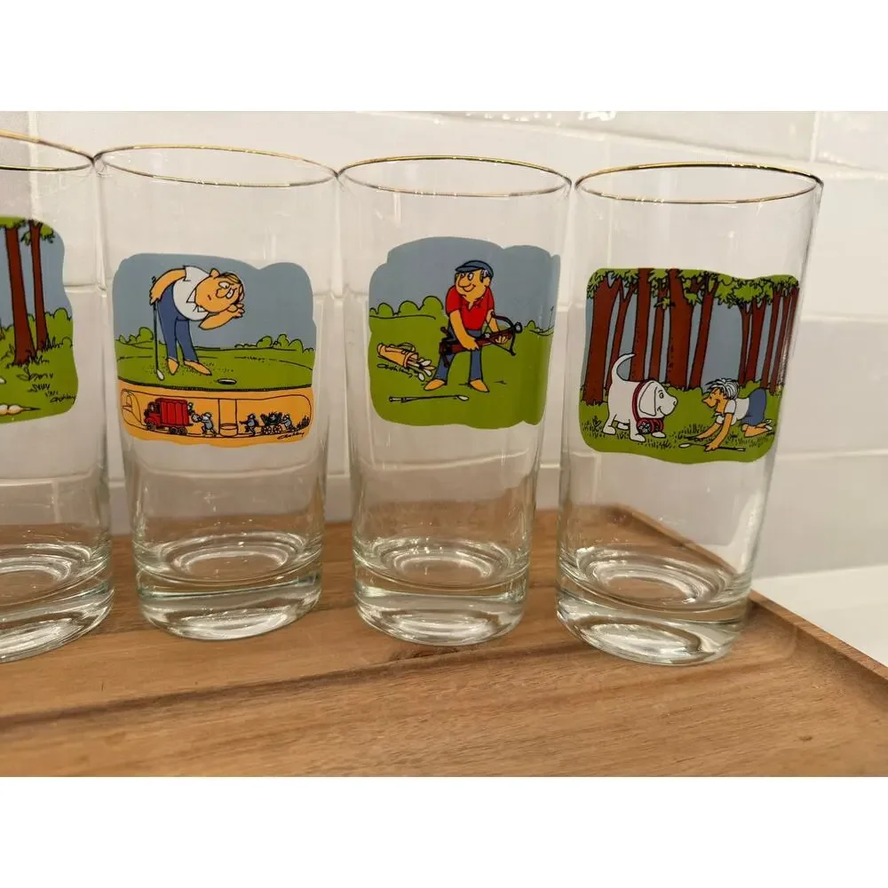 Vintage Ashby Cartoon Golf Tumbler Drinking Glasses Set‎ of 6